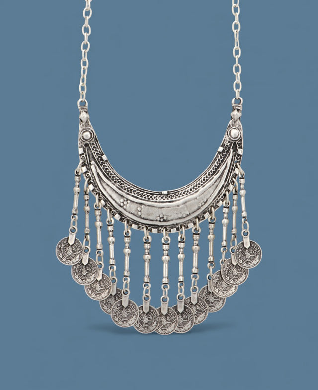 Turkish tribal crescent necklace with coins