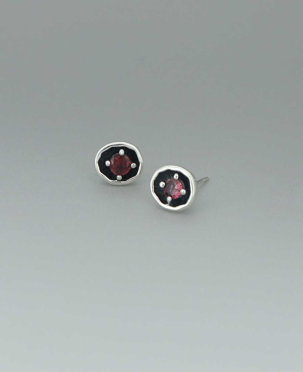 Sterling Silver Pink Tourmaline Stud Earrings – Organic Oval Design with Oxidized Base