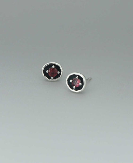 Sterling Silver Pink Tourmaline Stud Earrings – Organic Oval Design with Oxidized Base