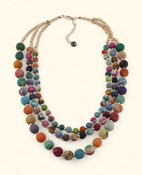 Three-strand Kantha bead necklace in assorted colors

