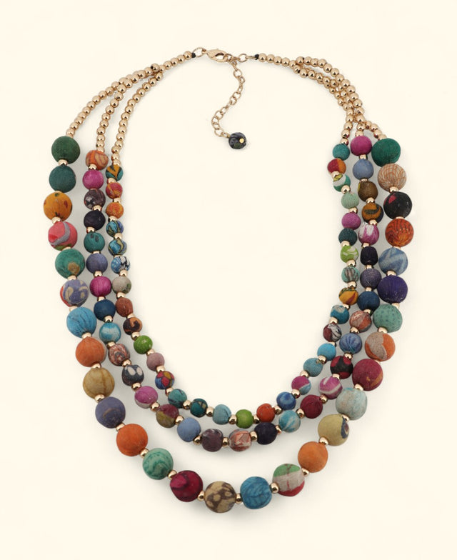Three-strand Kantha bead necklace in assorted colors

