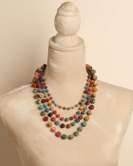 Multicolor upcycled textile necklace with brass findings