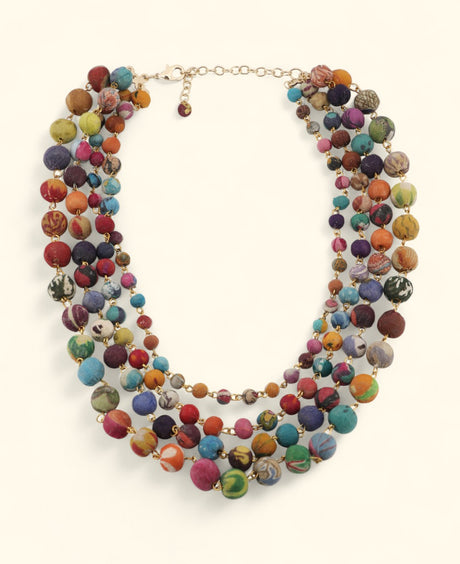 Four-strand colorful Kantha bead necklace handmade in India