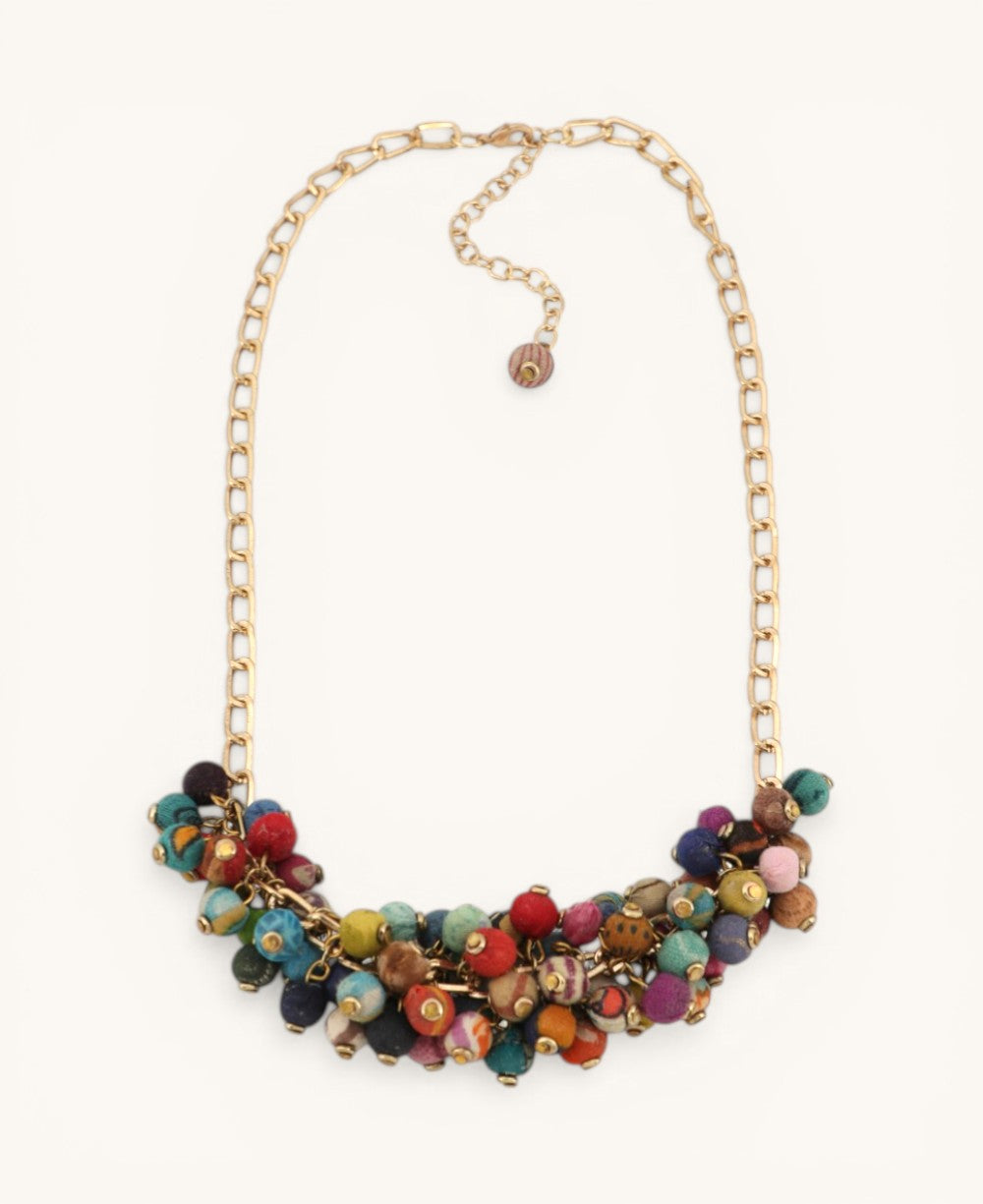 Kantha Beaded Cluster Necklace, Convertible Choker Style
