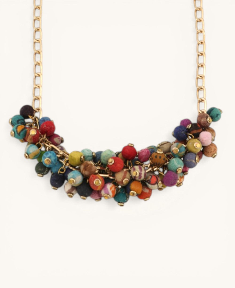 Kantha Beaded Cluster Necklace, Convertible Choker Style
