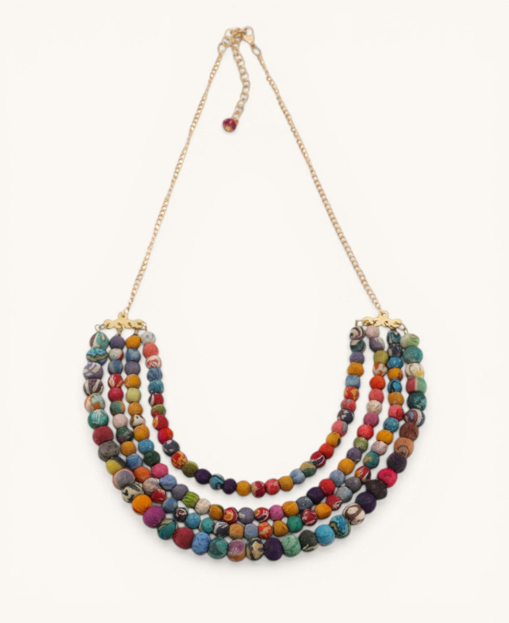 Layered Rainbow Upcycled Textile Kantha Necklace
