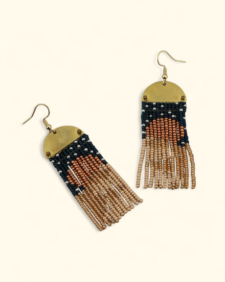Handwoven Moonrise fringe earrings with brass half-moon