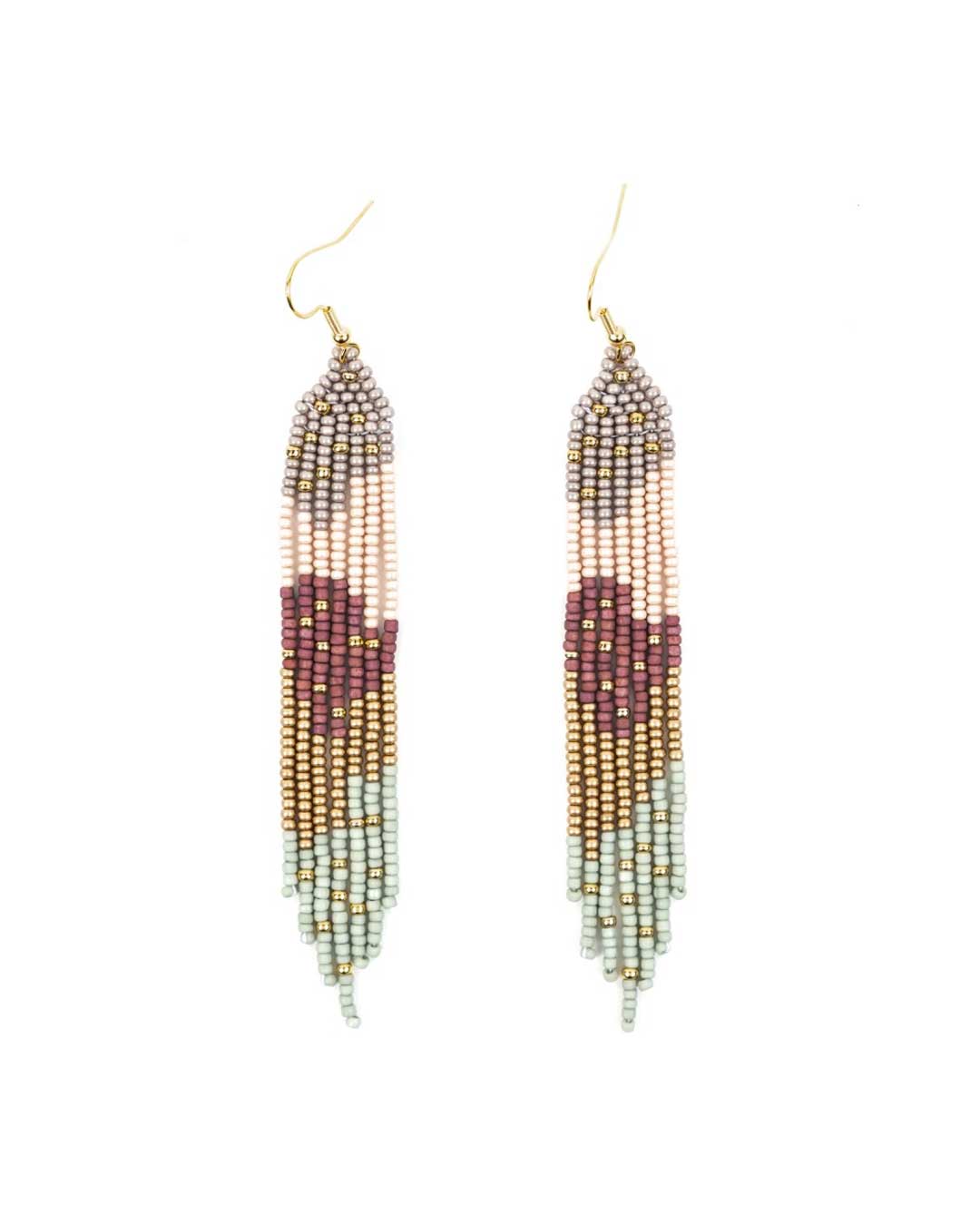 Long fringe earrings with blush floral beaded design