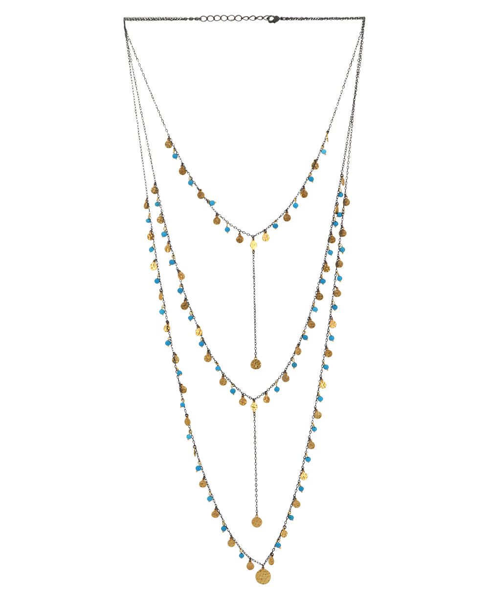 Turkish Dainty Long Necklace with Reconstituted Turquoise Beads and Brass Accents