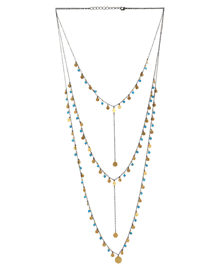 Turkish Dainty Long Necklace with Reconstituted Turquoise Beads and Brass Accents