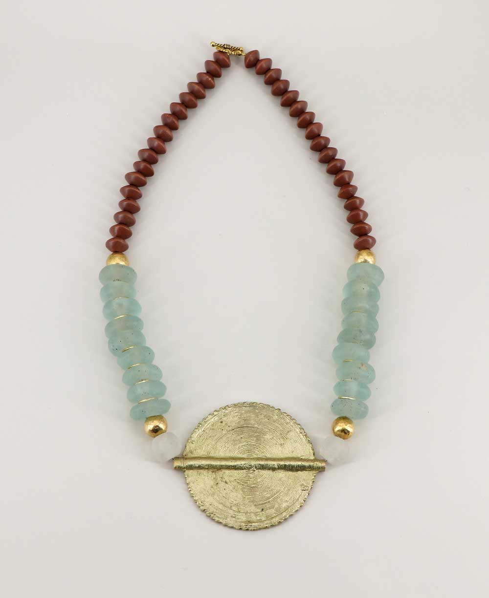 Artisan brass medallion and wood bead necklace