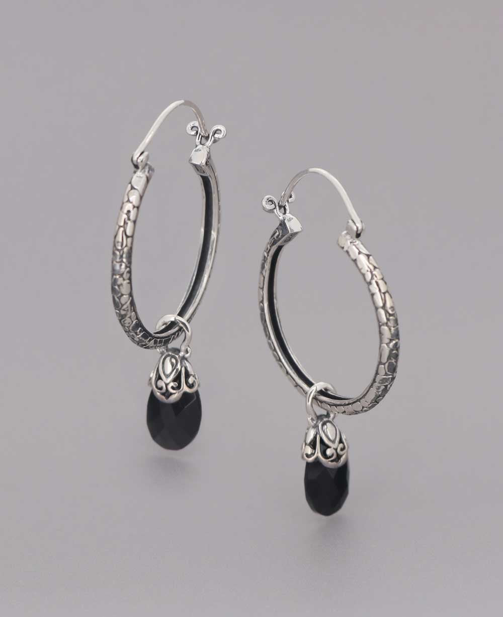 Sterling Silver Stonewall Hoop Earrings with Black Onyx