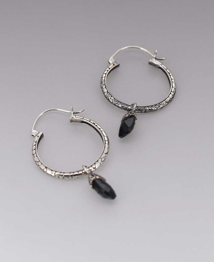Black Onyx Teardrop Earrings in Sterling Silver Frame