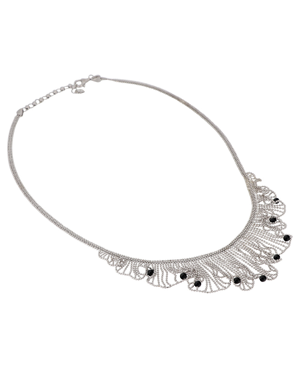 Luxurious silver fringe necklace adorned with black spinel beads, handcrafted in Laos 