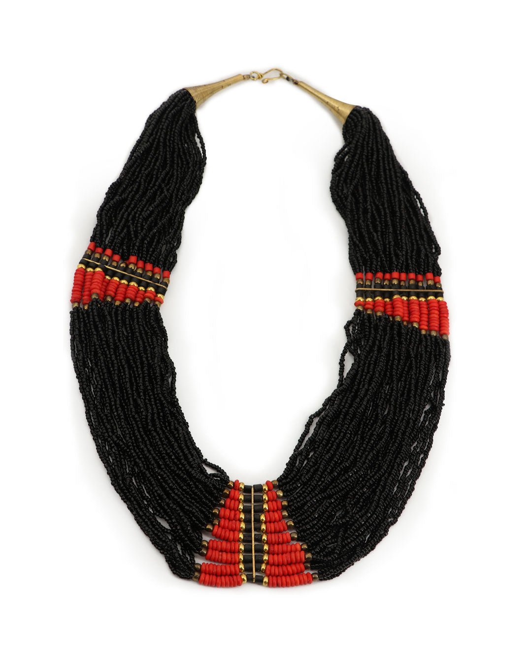 Black beaded necklace with red accents on a white background