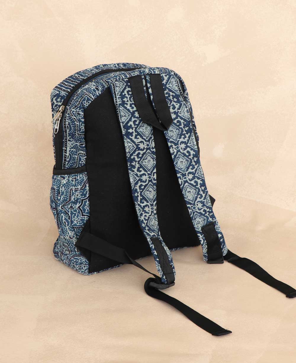 Back view of the Block-Print Kantha Stitched Backpack