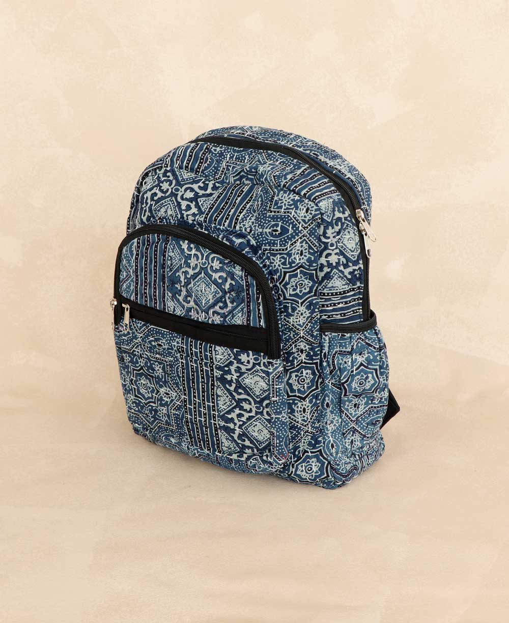 Blue Block-Print Kantha Stitched Backpack