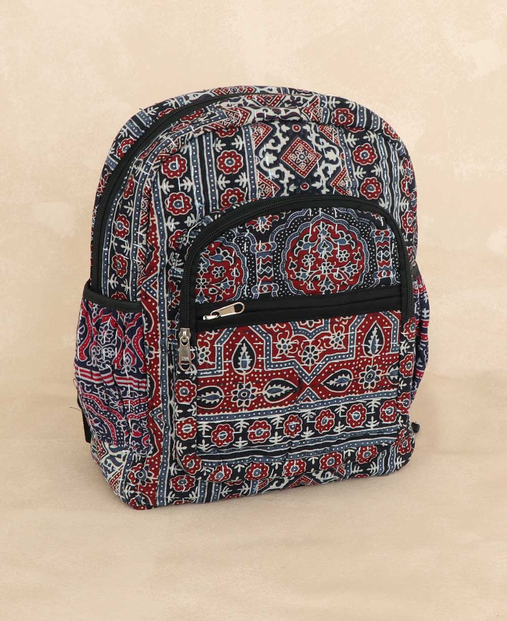 Navy Block-Print Kantha Stitched Backpack