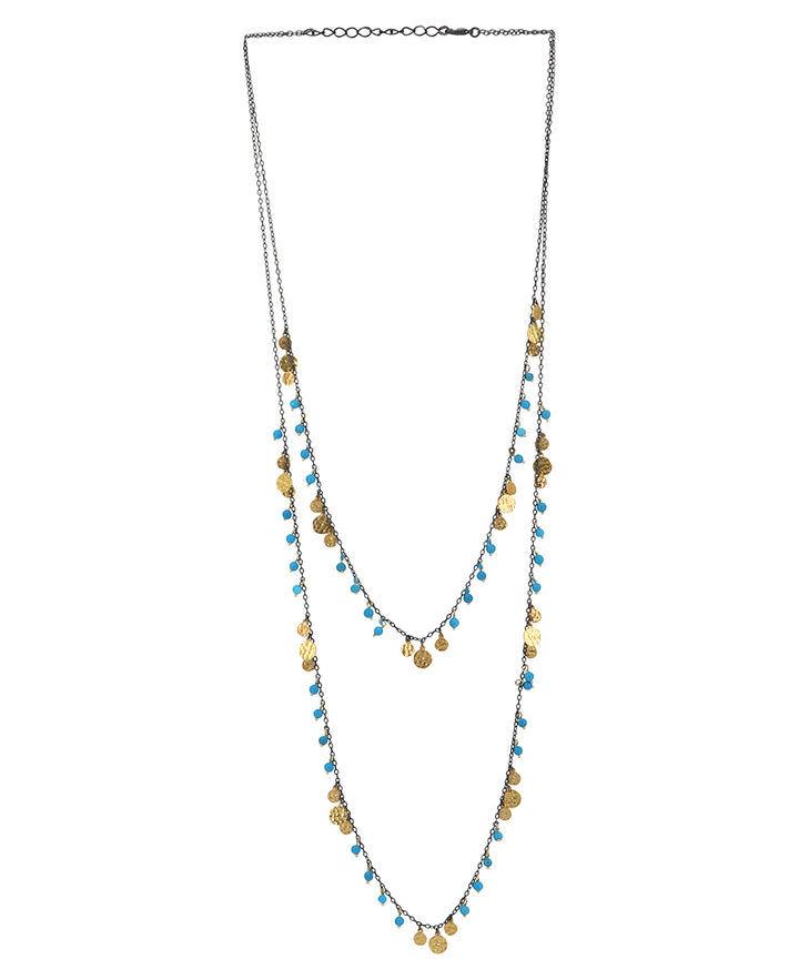 Turkish Dainty Long Necklace with Reconstituted Turquoise Beads and Brass Accents