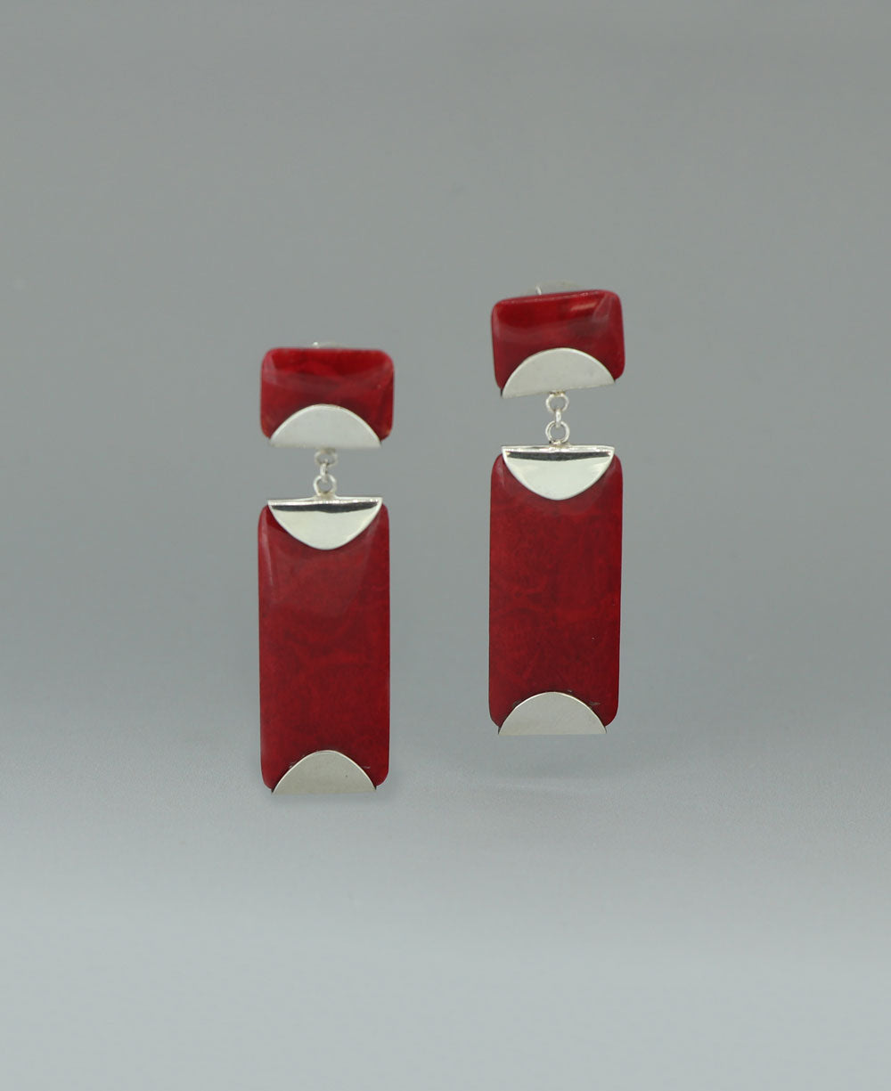 Close-up image of the sterling silver Red Coral earrings