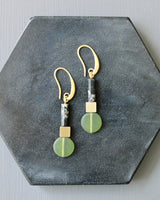Geometric drop earrings in green and black with gold hooks