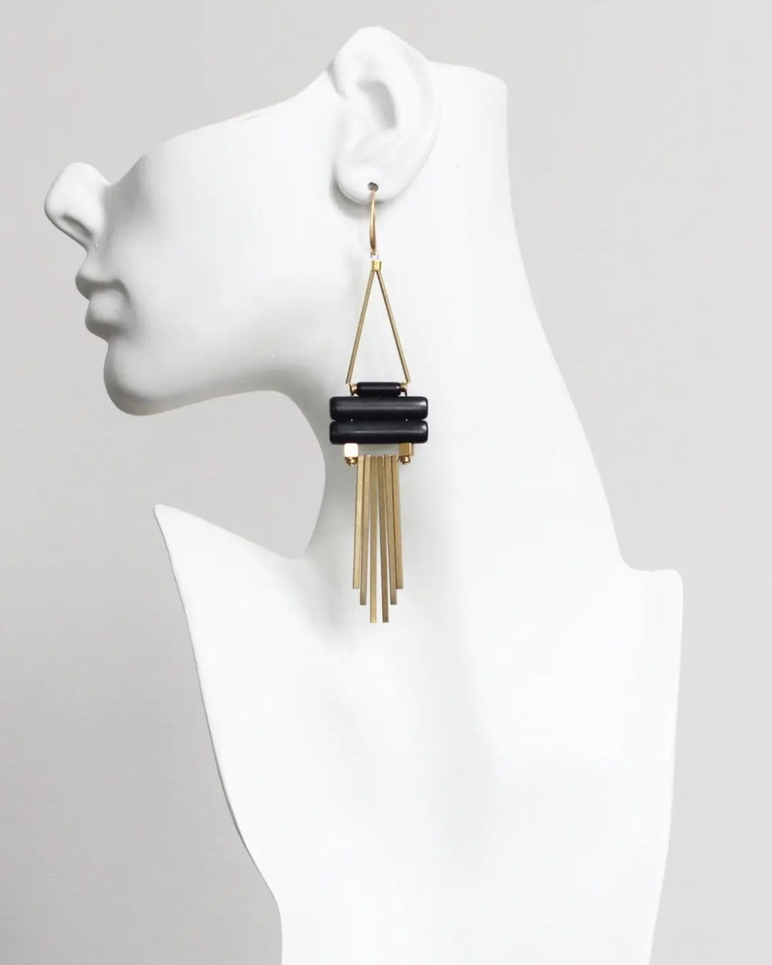 Handcrafted long earrings in black and gold
