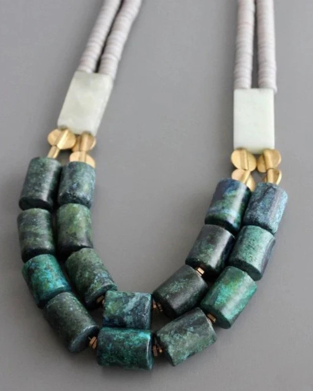 Bold artisan necklace featuring aventurine and brass accents