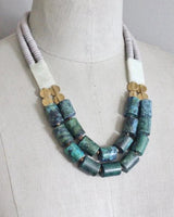 Statement beaded necklace in teal and olive tones