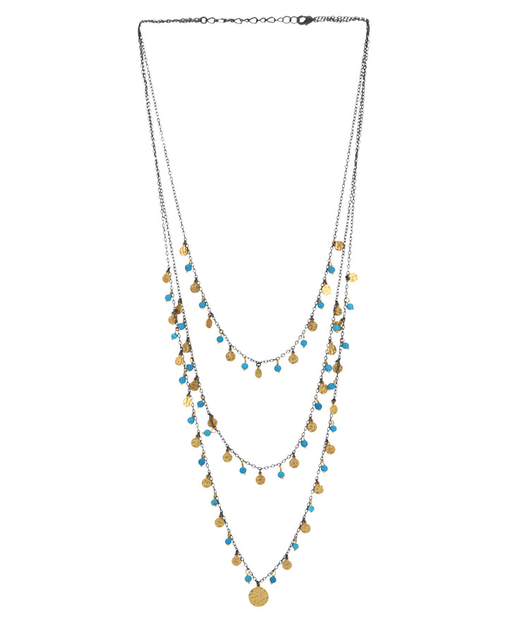 Turkish Dainty Long Necklace with Reconstituted Turquoise Beads and Brass Accents