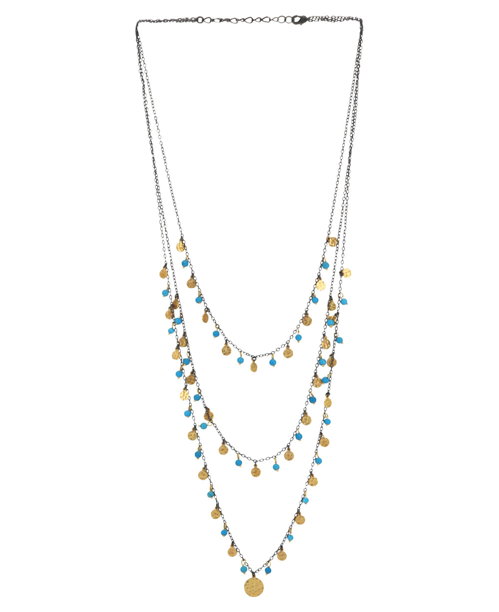 Turkish Dainty Long Necklace with Reconstituted Turquoise Beads and Brass Accents