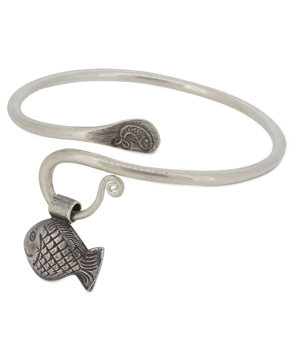 Adjustable Thai Hilltribe Silver Bracelet with Dangling Fish Charm
