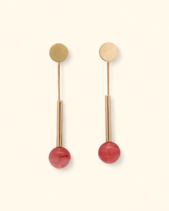 Coral dyed jade and brushed gold earrings