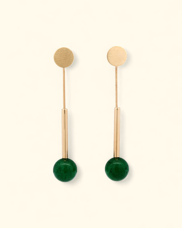 Green onyx and brushed gold linear earrings