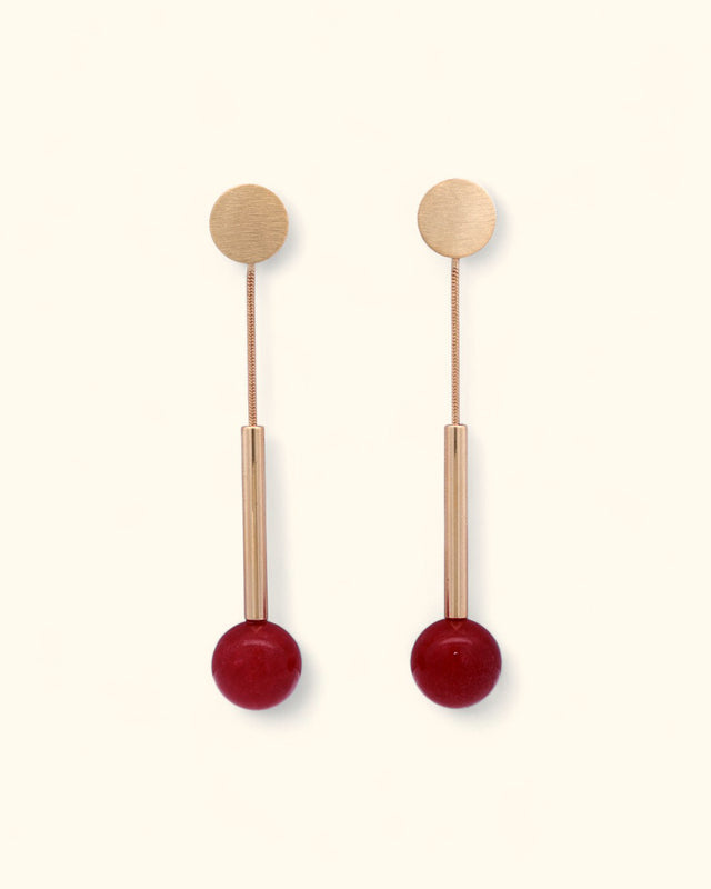 Linear ruby jade and brushed gold drop earrings