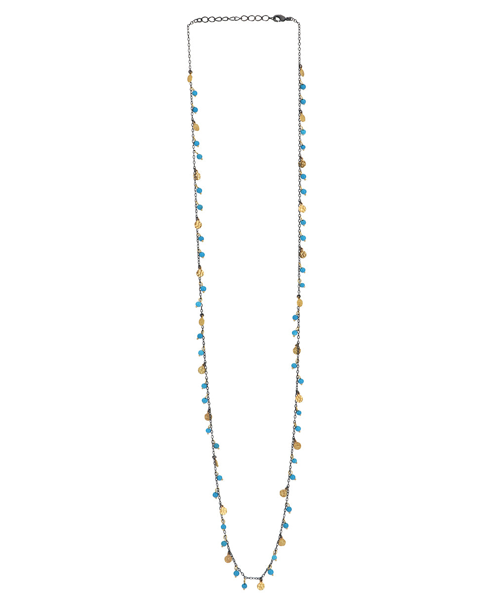 Turkish Dainty Long Necklace with Reconstituted Turquoise Beads and Brass Accents