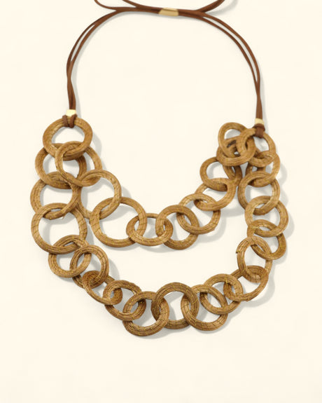 Brazilian golden grass chain-link necklace with adjustable leather tie