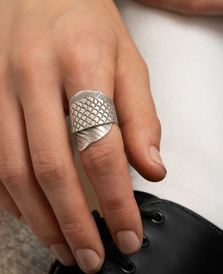 Hilltribe Silver Hand Hammered Adjustable Fish-Wrap Band Ring