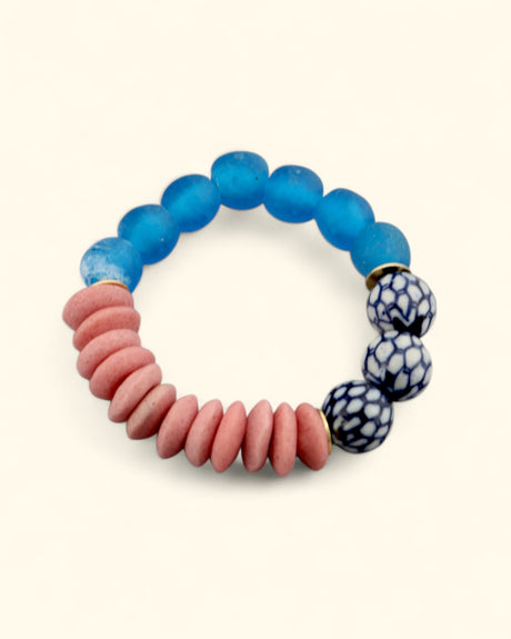 Ceramic chinoiserie bracelet with pink and blue beads