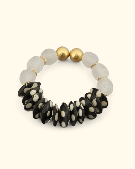 Recycled glass and bone bead bracelet handmade