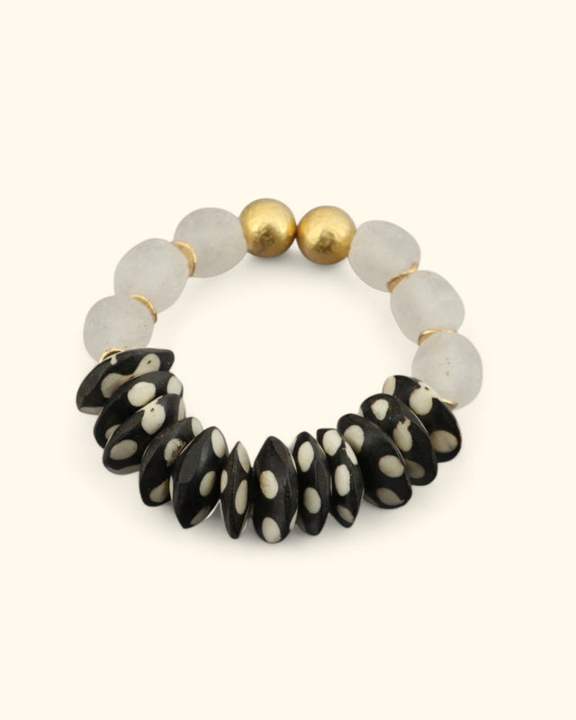 Recycled glass and bone bead bracelet handmade