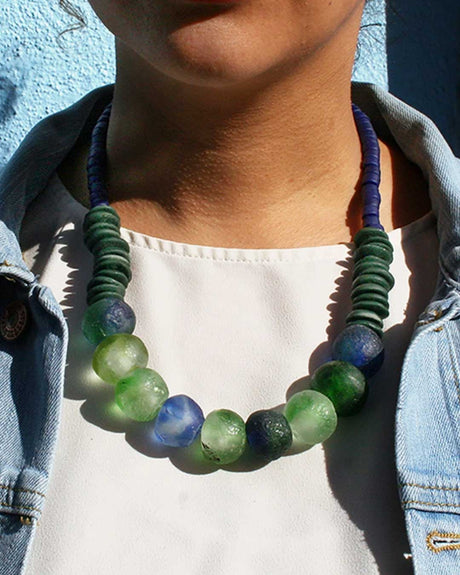 Deep blue and green recycled glass bead necklace