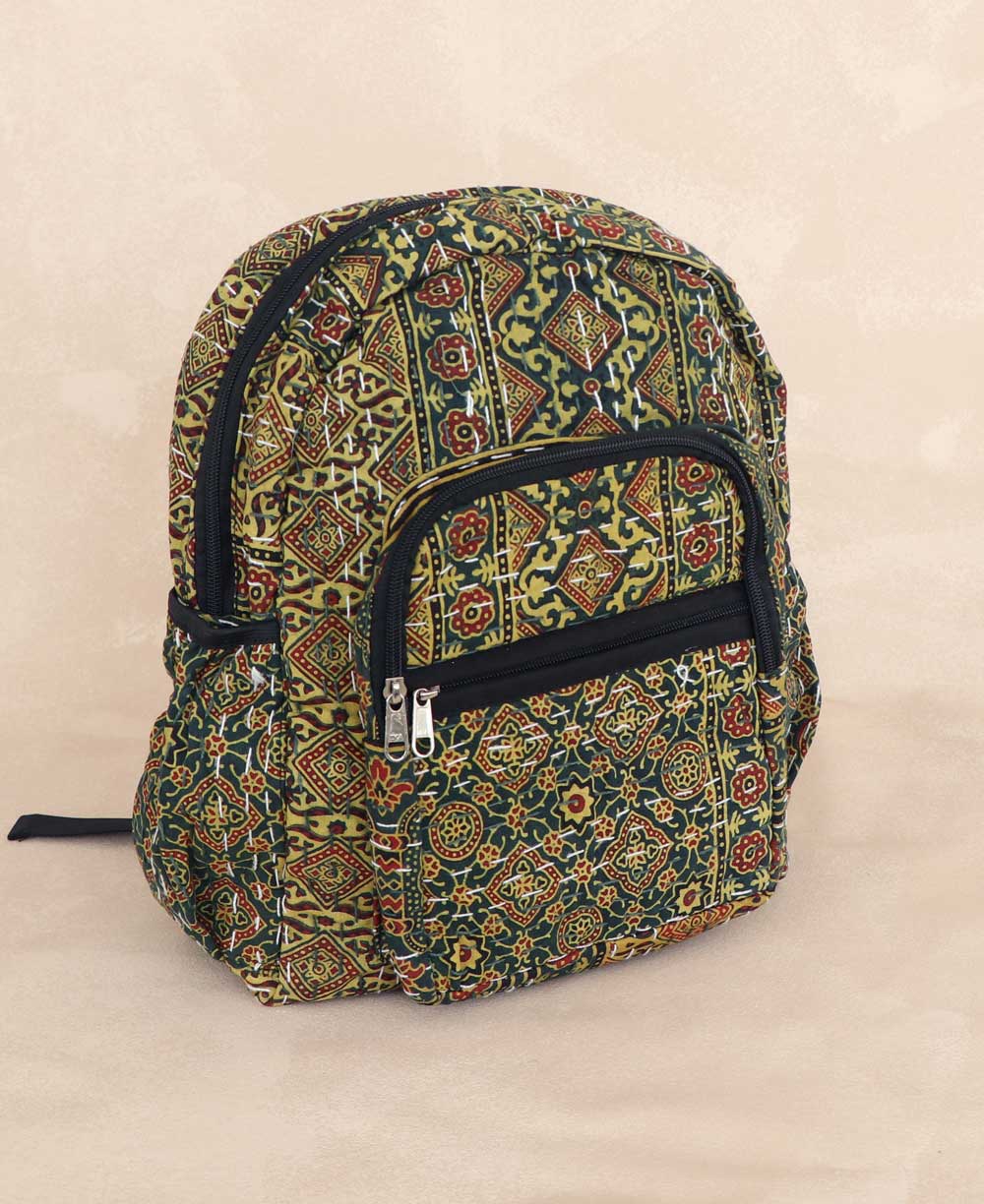 Green Block-Print Kantha Stitched Backpack