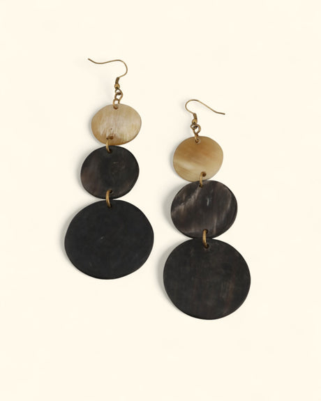 Triple-tone horn dangle earrings with layered discs