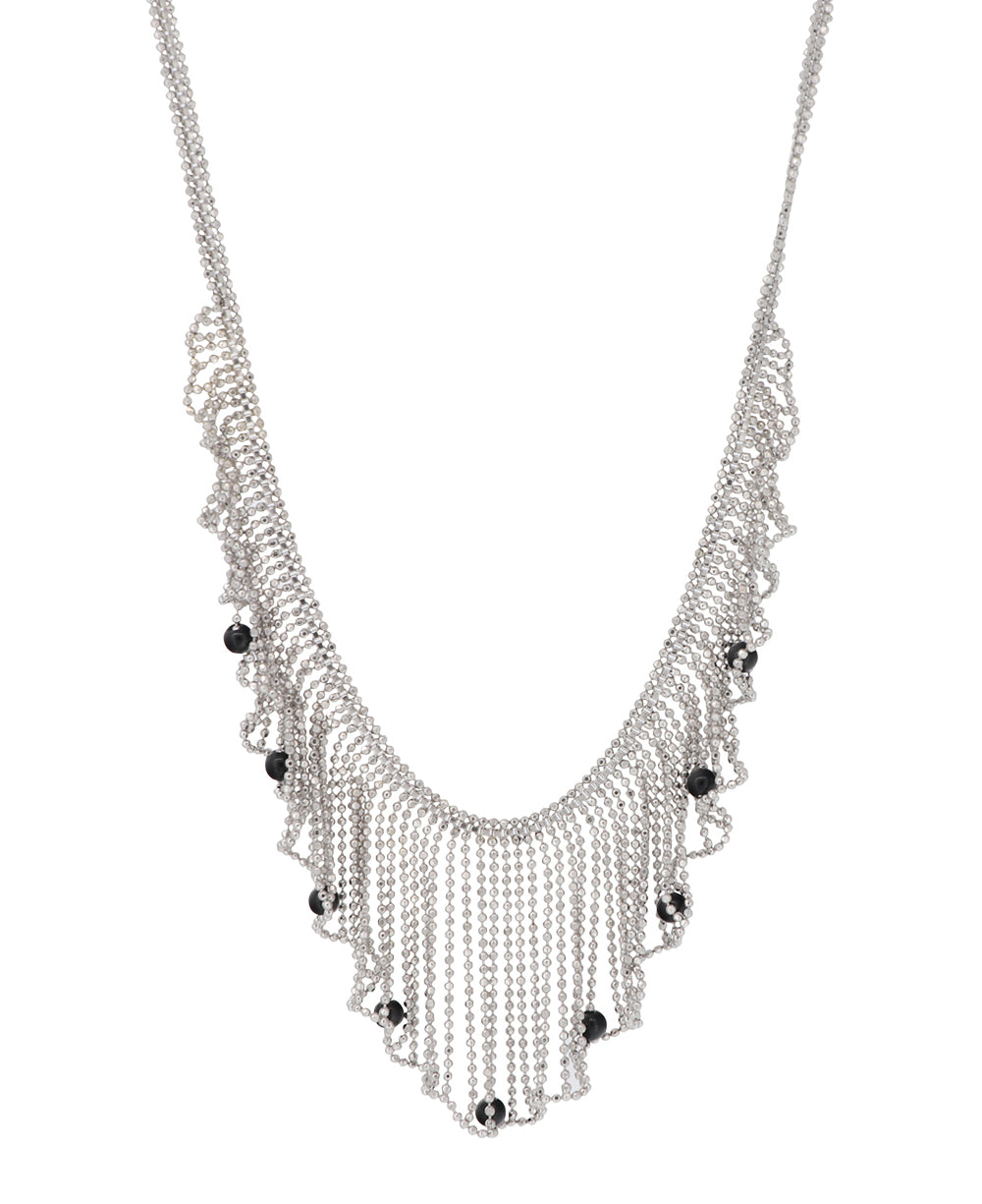 Elegant rhodium-plated Hill-Tribe silver necklace with black spinel bead embellishments