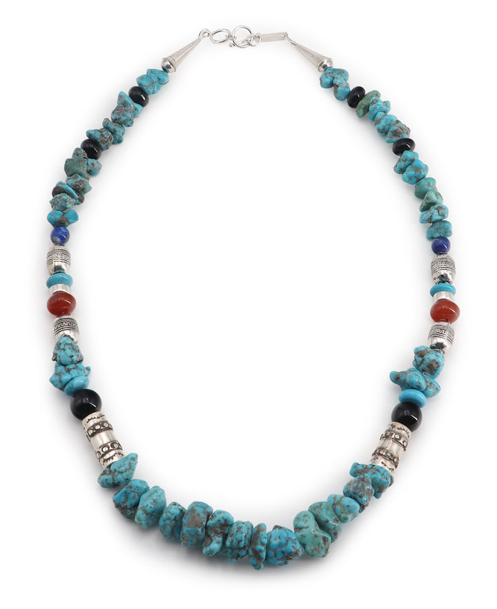 Sterling Silver, Turquoise, Coral & Onyx Tribal Necklace, beautifully crafted with contrasting colors