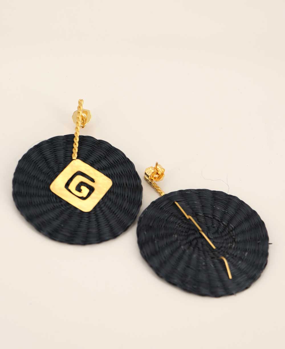 Handwoven black and gold palm disc earrings