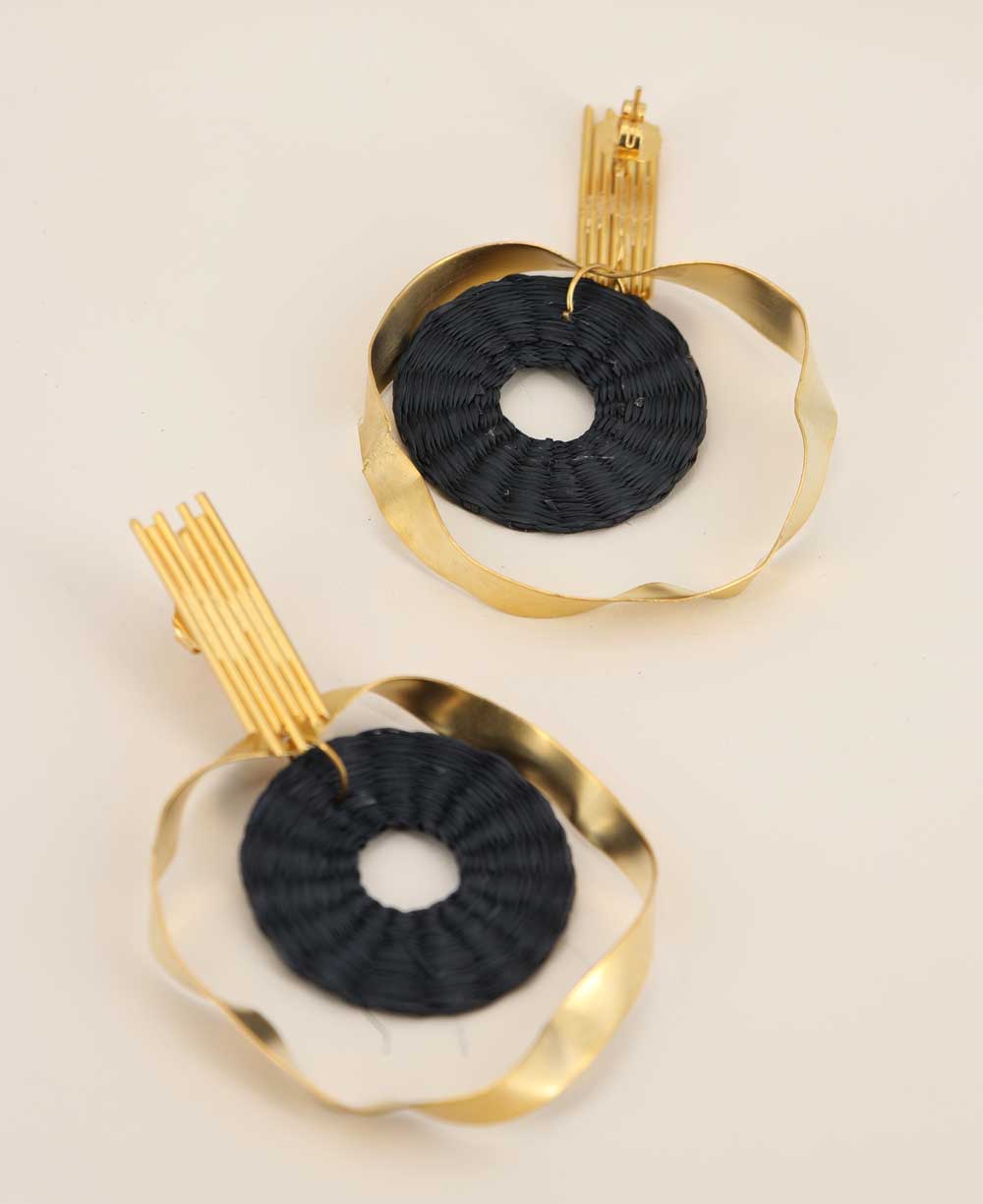 Handwoven black and gold palm disc earrings