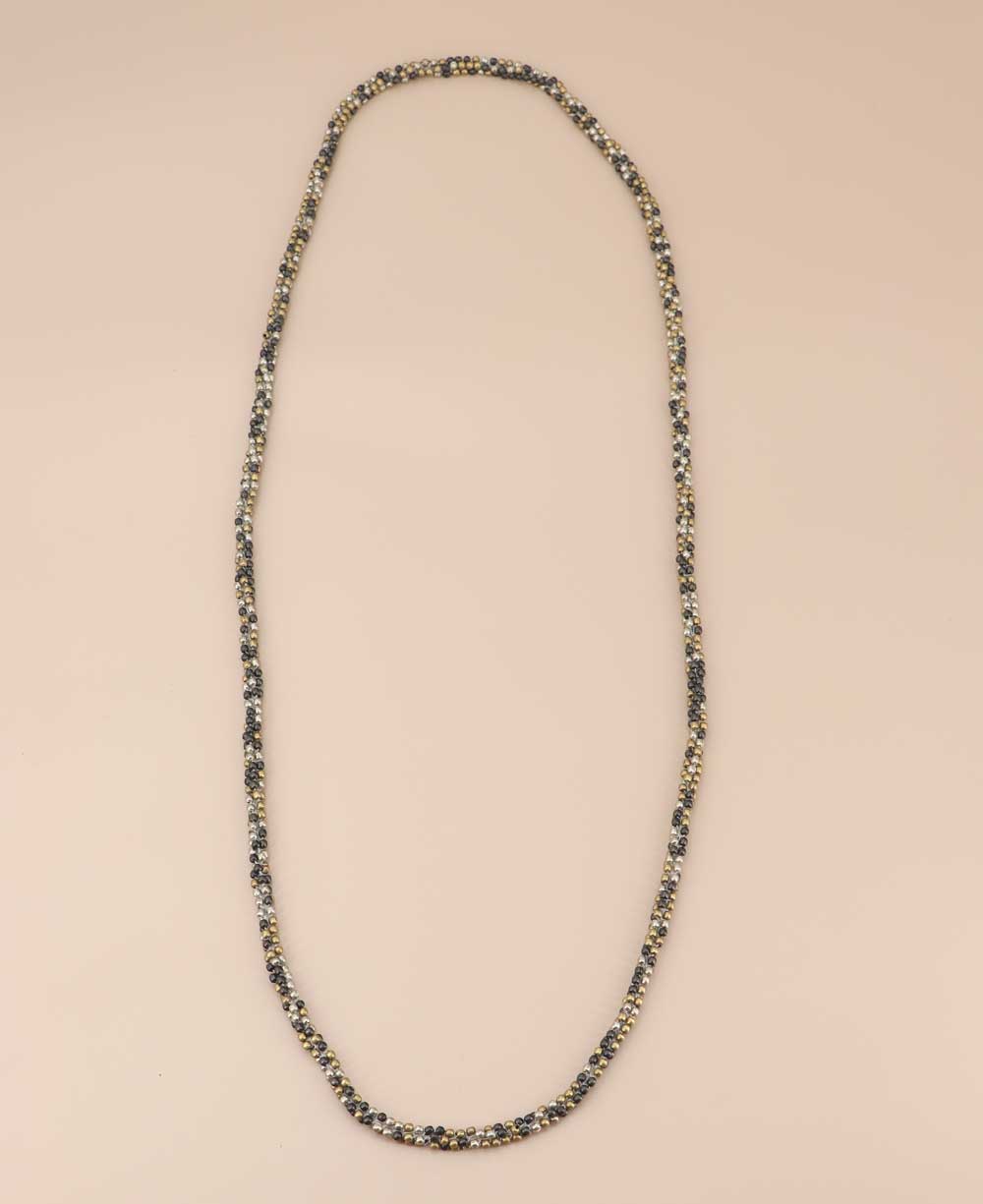 Handmade long strand necklace with small metal beads