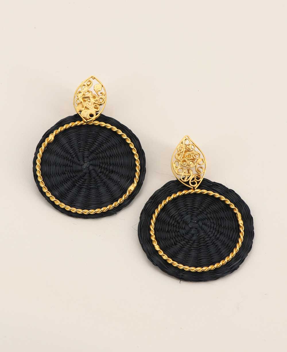 Handwoven black and gold palm disc earrings