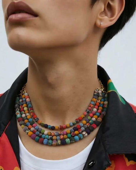 Layered Rainbow Upcycled Textile Kantha Necklace